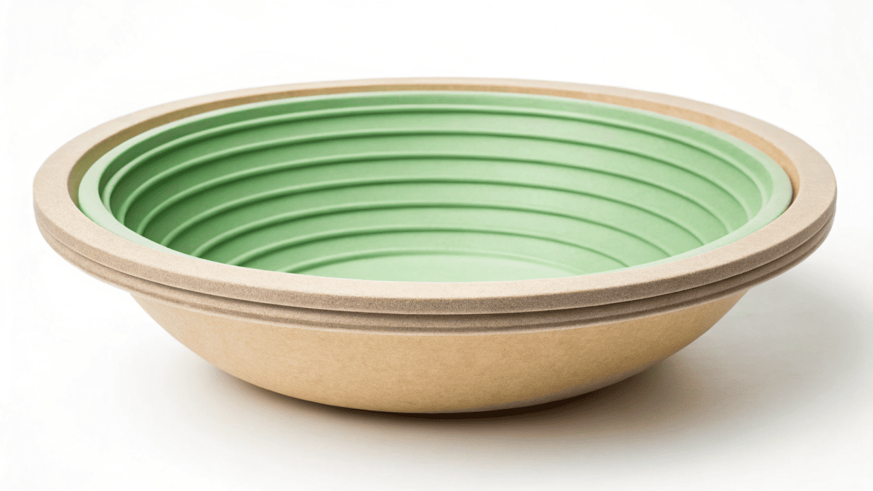 A cross-section of a paper bowl showing the food-grade coating layer.