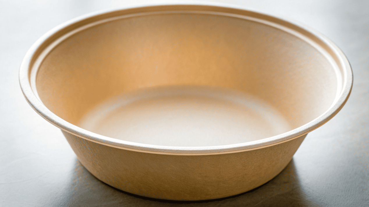 Food-Grade Coating on Paper Bowls A close-up shot of the inside of a clean paper food bowl, highlighting the glossy food-safe coating.