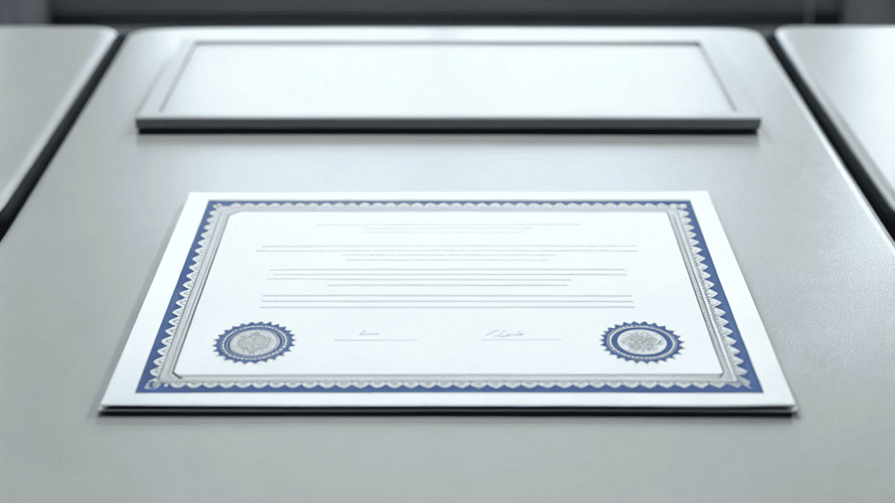 Health Compliance Certifications for Food Packaging An official-looking document with stamps of approval like FDA and ISO.
