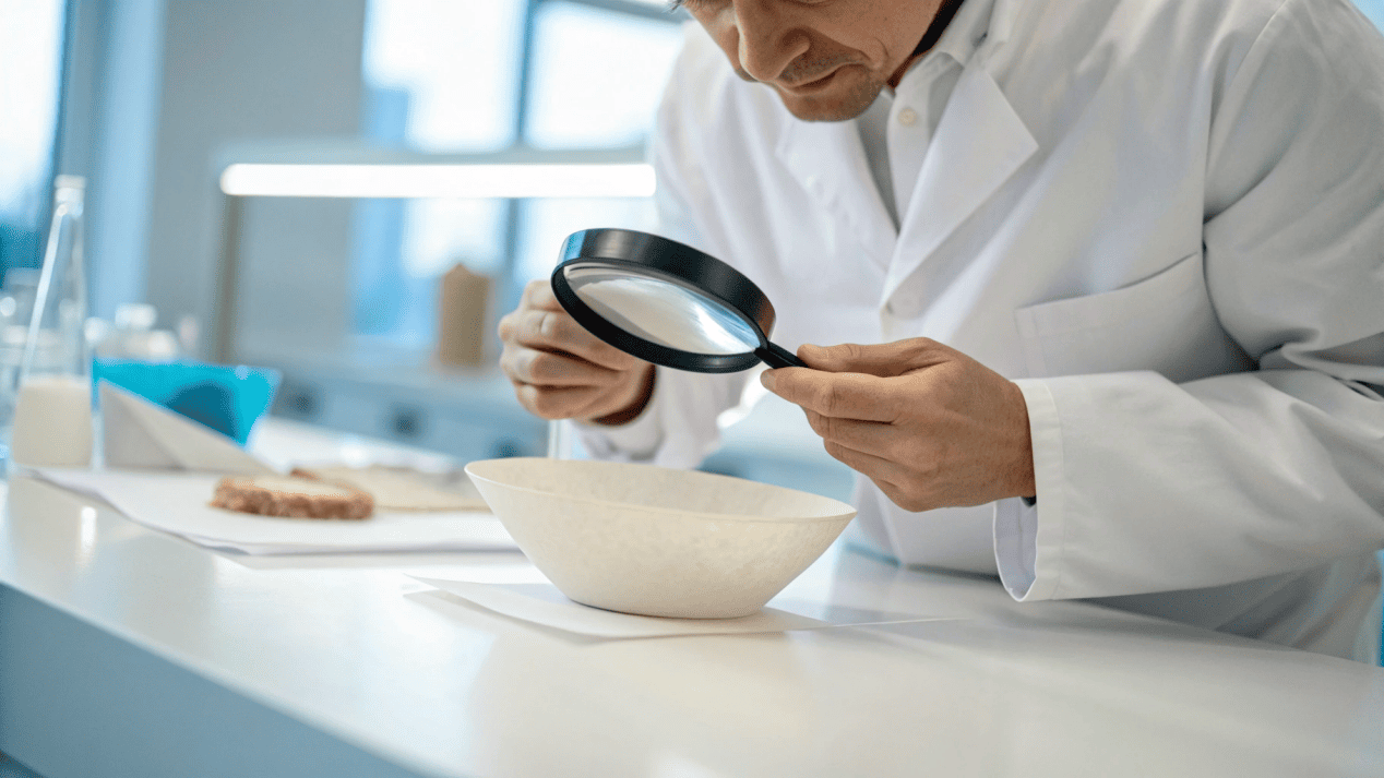 Testing Food-Safe Coatings in a Lab A lab technician in a white coat carefully examining a paper bowl under a magnifying glass.
