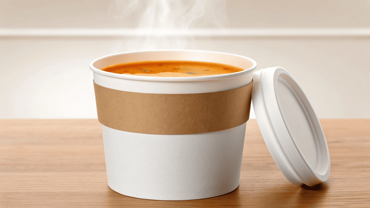 A steaming bowl of soup in a sturdy, branded paper bowl with a lid.