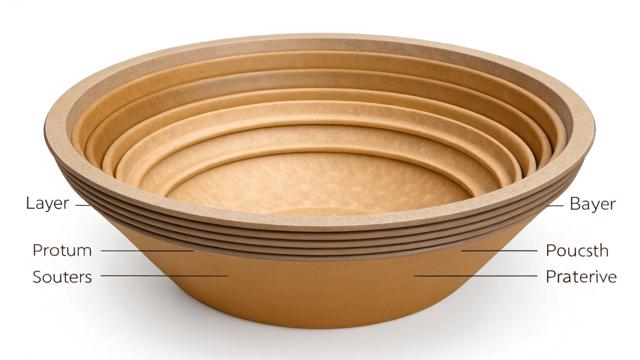 A cross-section of a high-quality paper bowl showing its different material layers.
