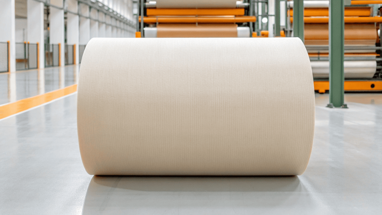 A large roll of raw, food-grade paper pulp ready for manufacturing.