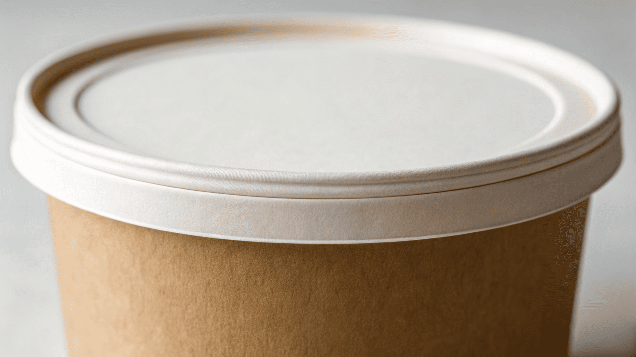 A close-up of a secure, snap-on lid on a paper soup bowl.