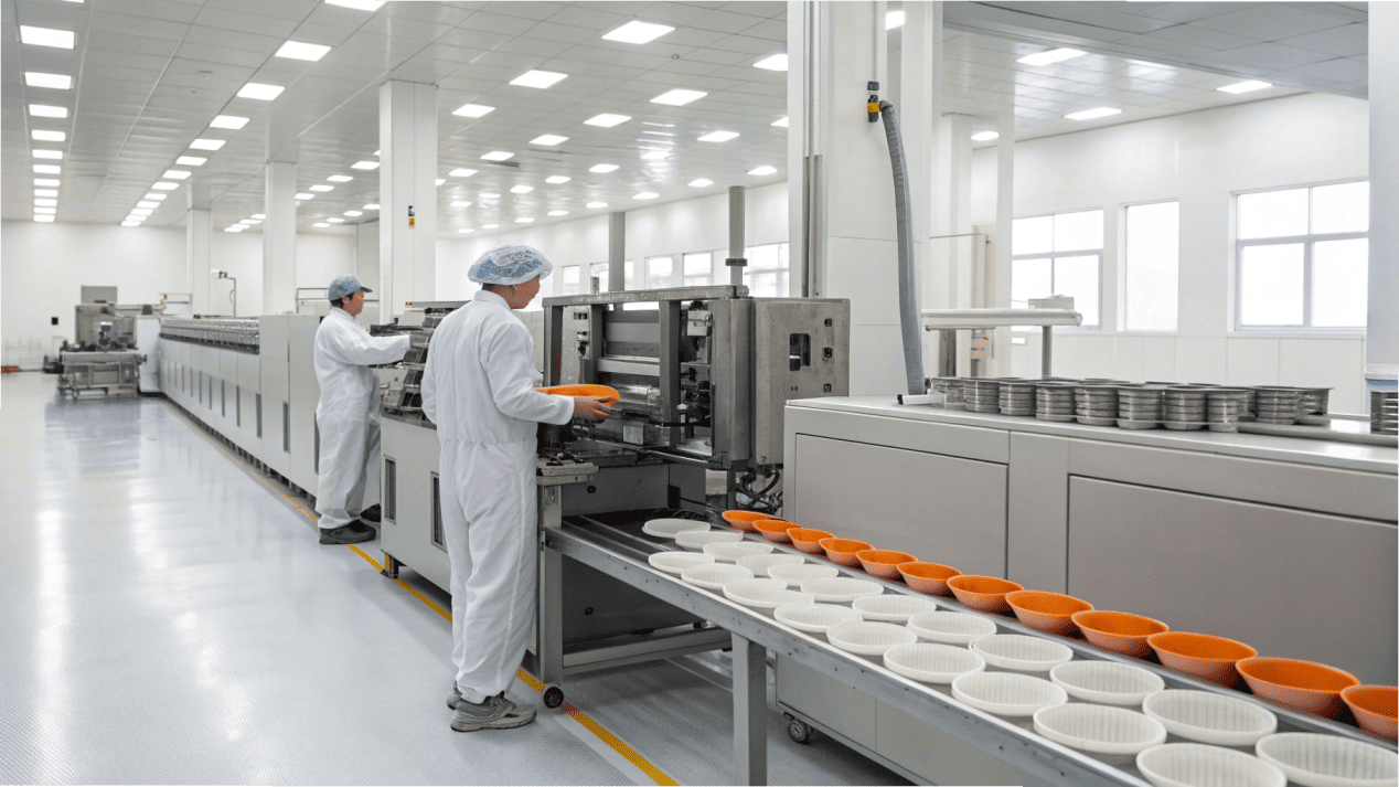 A high-speed paper bowl forming machine operating in a clean factory environment.