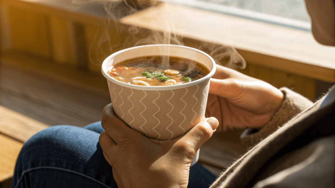 A person comfortably holding a double-walled paper bowl of hot soup.