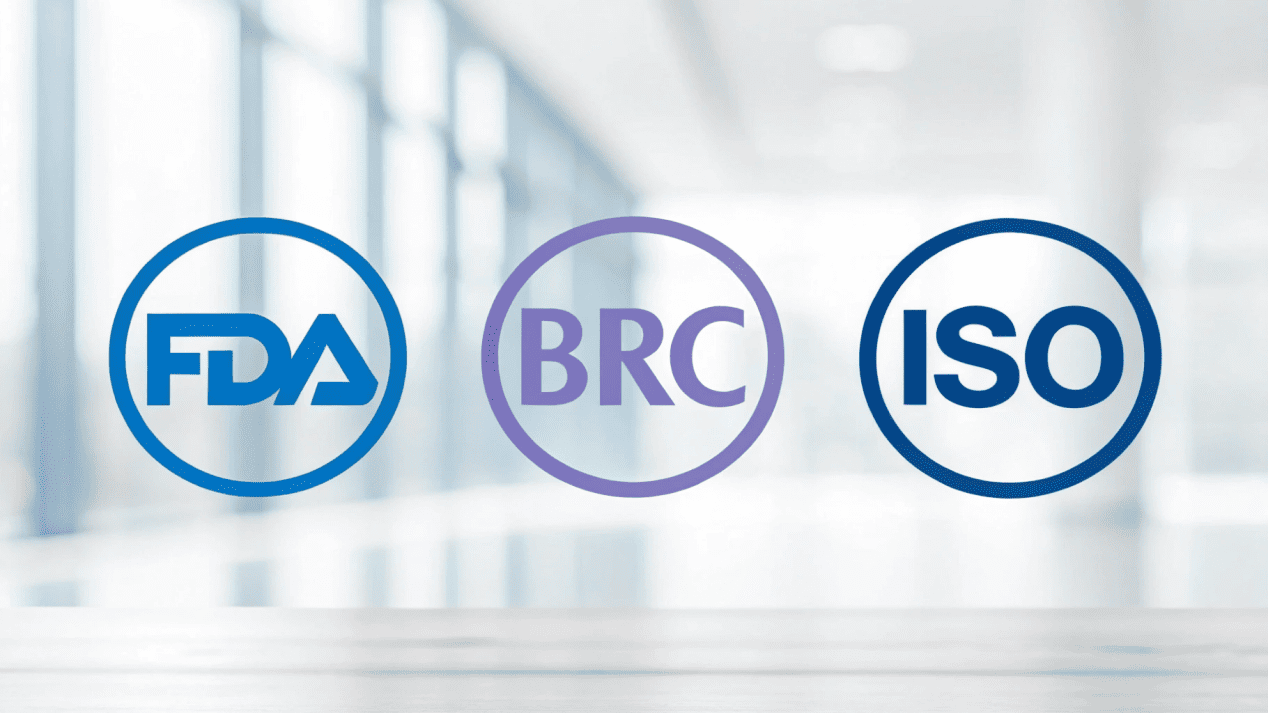 Logos of FDA, BRC, and ISO certifications displayed prominently.
