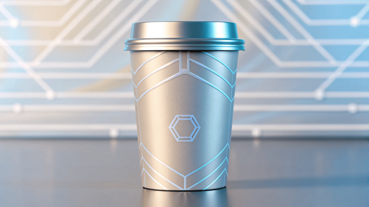 The Future of Single-Use Paper Coffee Cups An illustration of a futuristic, sleek, and recyclable paper coffee cup.