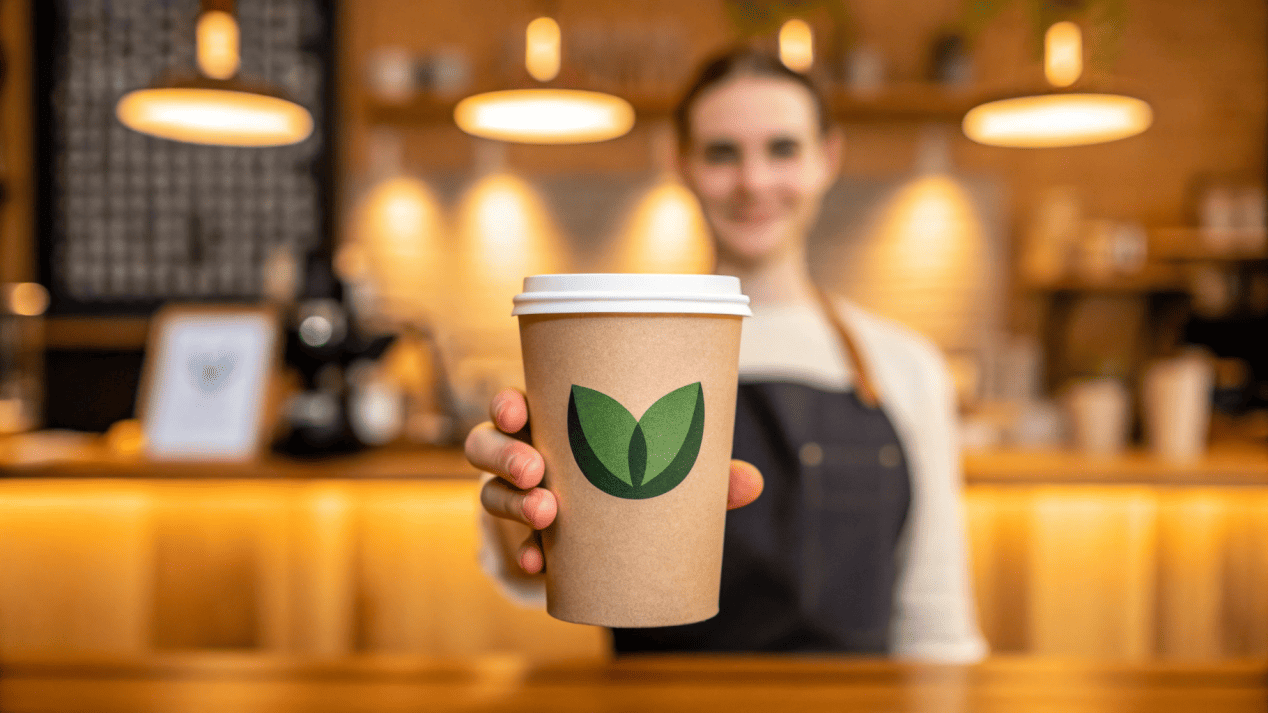 Environmental Transparency in Packaging A customer scanning a QR code on a cup to learn about its sustainable materials.