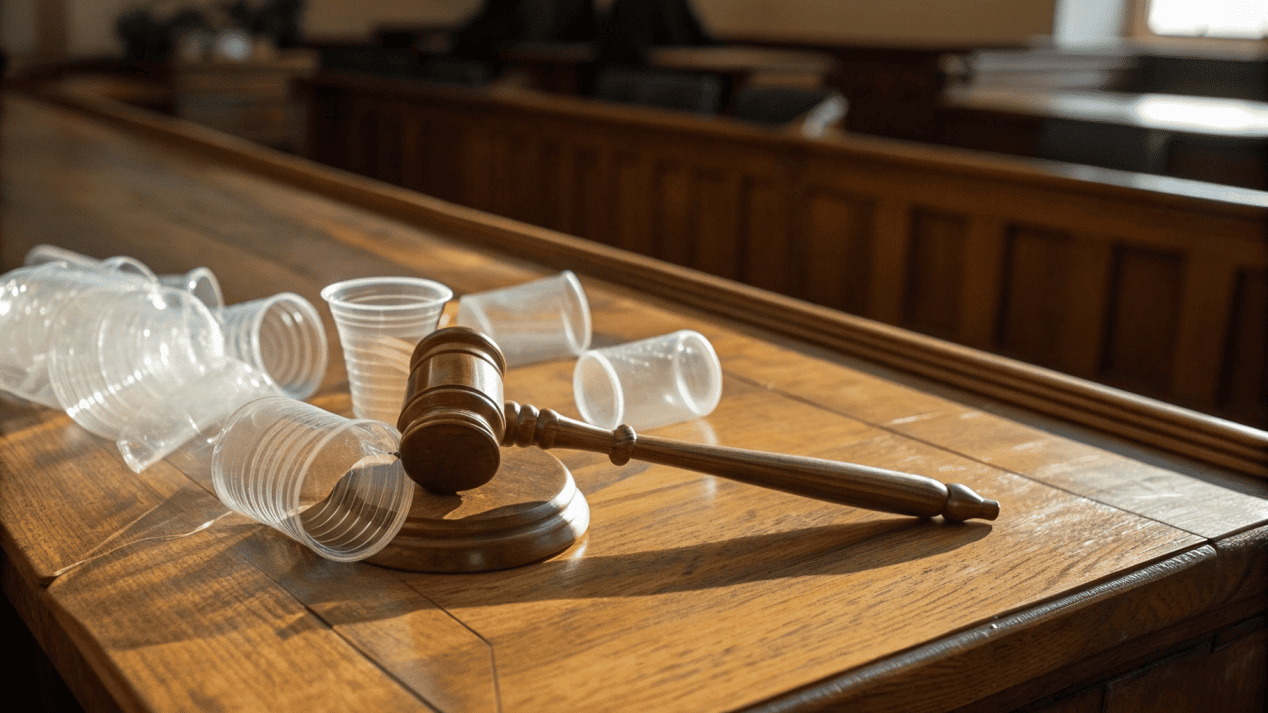 Government Policy on Single-Use Plastics A gavel next to a pile of single-use plastic cups.