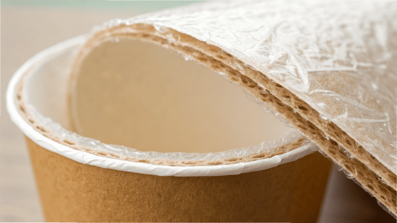 Plastic Lining on Paper Fiber A close-up diagram showing plastic lining bonded to paper fibers.