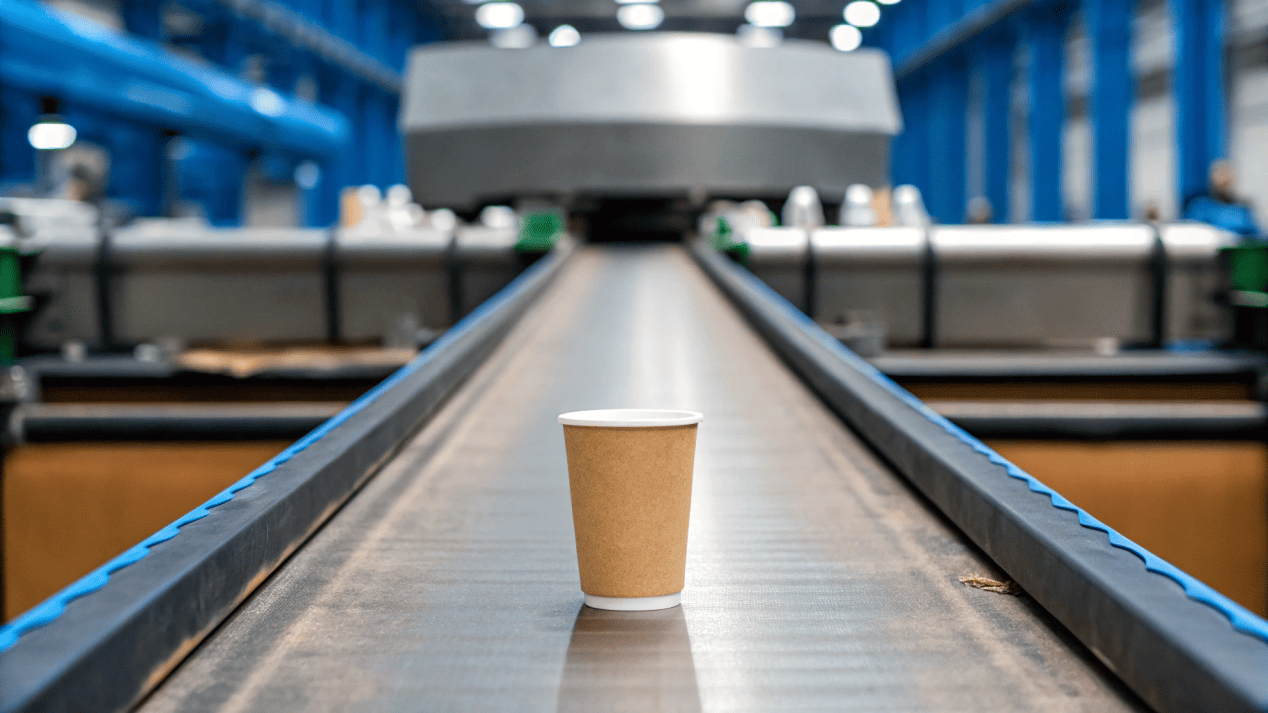 Paper Cup Rejected from Recycling A recycling facility sorting line where a paper cup is being discarded as trash.