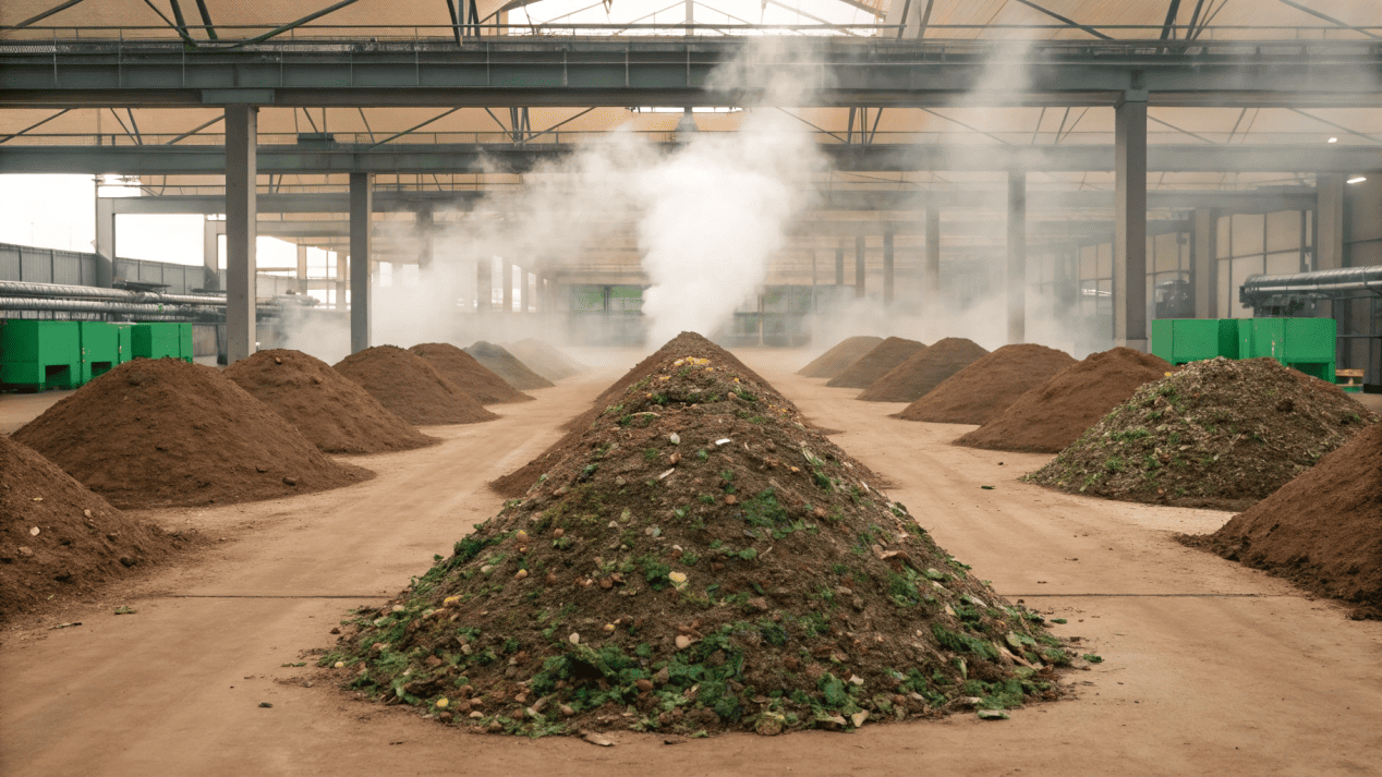 An image of a large industrial composting facility with steam rising from piles of organic waste.