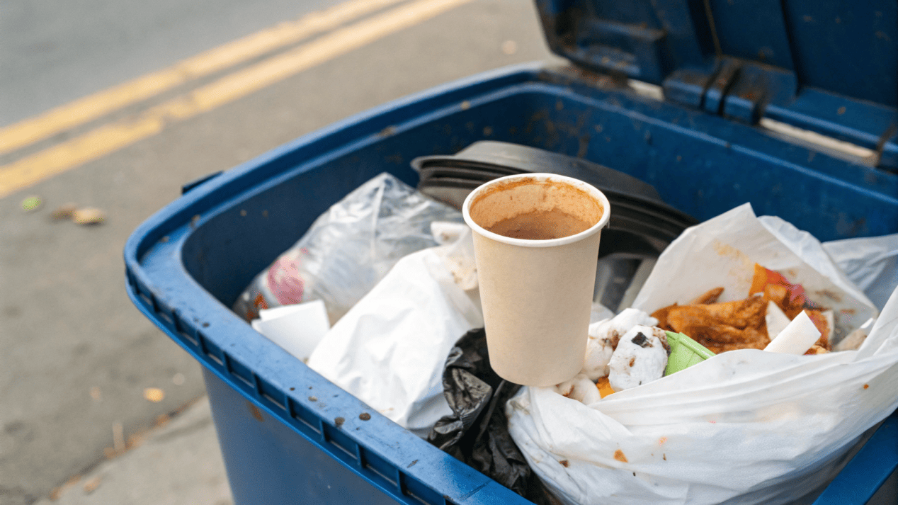 A recycling bin contaminated with half-full coffee cups and other trash.