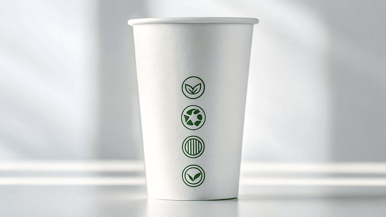A collection of certification logos like FDA, BRC, ISO 9001, and FSC displayed proudly on a paper cup.