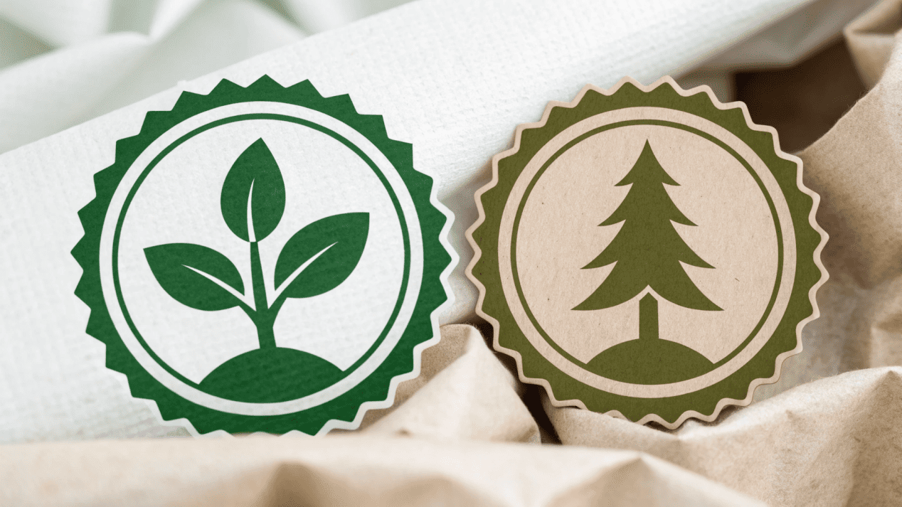 The logos for FSC (Forest Stewardship Council) and a compostability certification side-by-side.