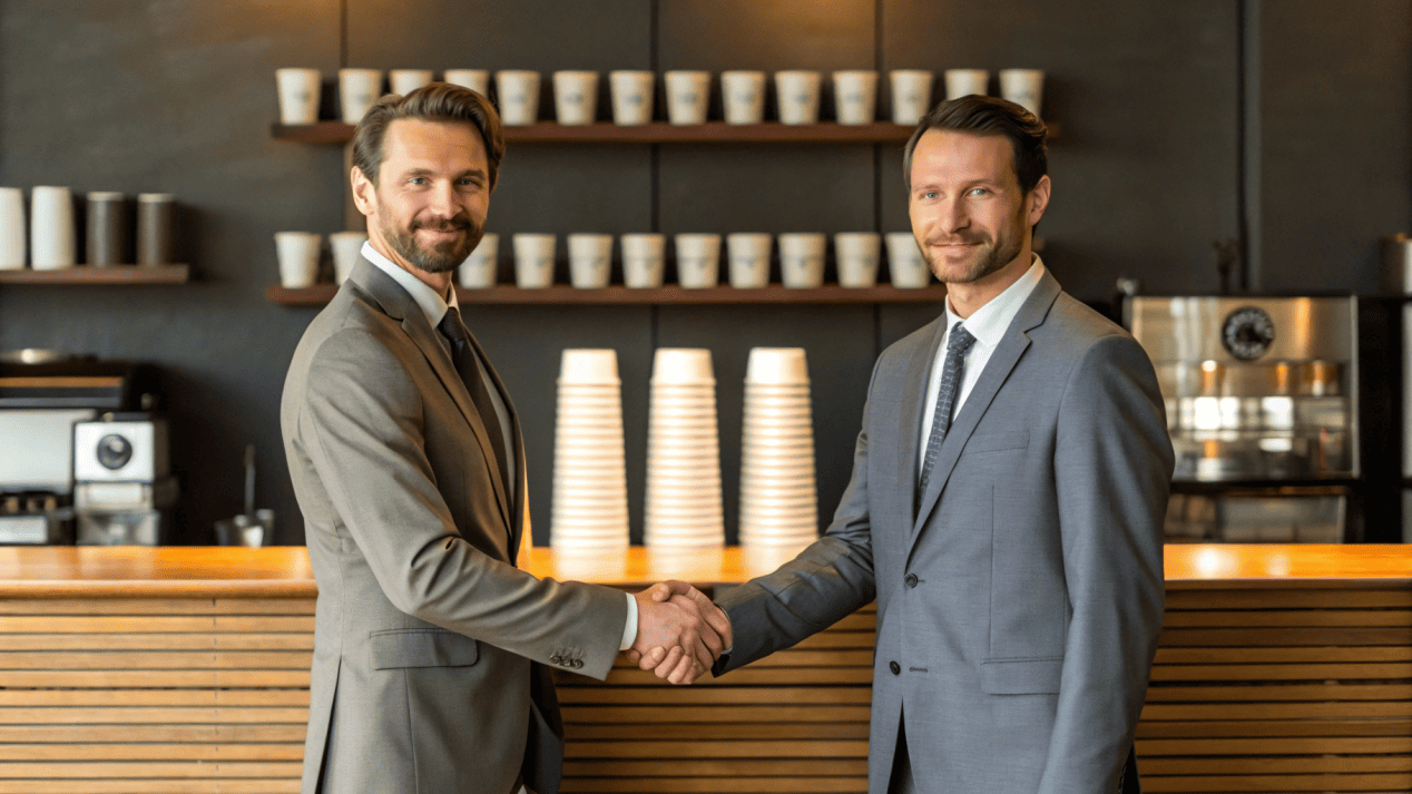 A professional handshake in front of a cafe counter, sealing a deal with certified cups visible.