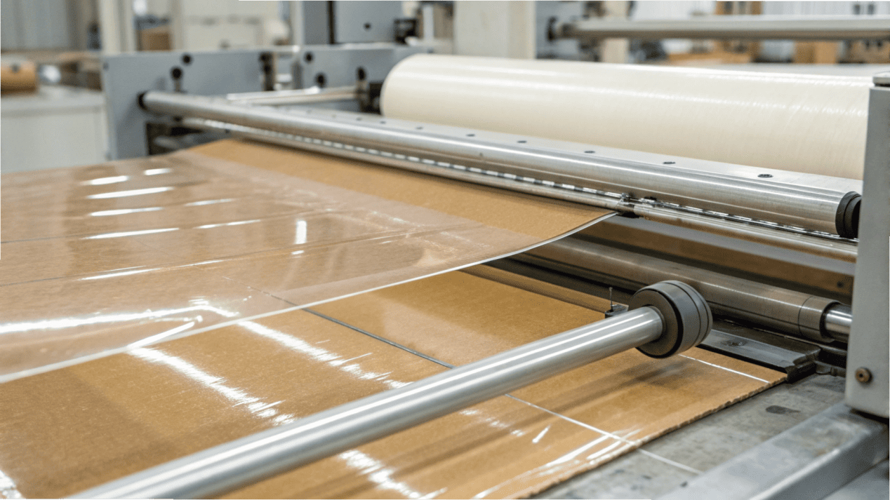 PLA Coating Technology for Paper Cups A close-up shot of a machine applying a clear PLA coating to paperboard.