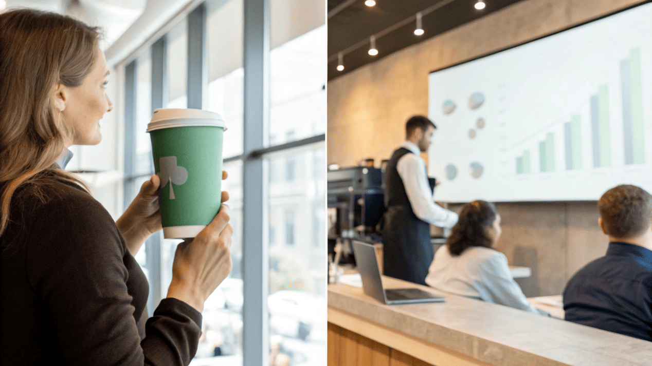 Market Demand for Sustainable Packaging A split image showing a customer choosing a green-branded cup on the left, and a corporate boardroom with an ESG chart on the right.