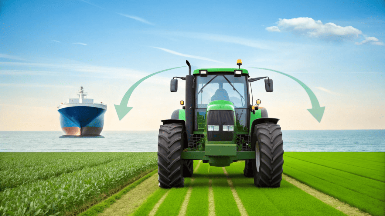 Supply Chain Transformation to Plant-Based Materials An animated graphic showing the supply chain shifting from oil tankers to farming tractors.