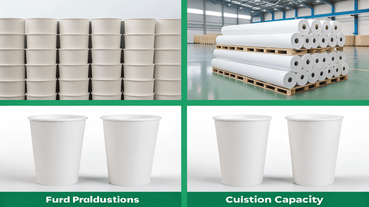 A collage showing raw paper, a large order of cups, a branded cup, and a shipping container.