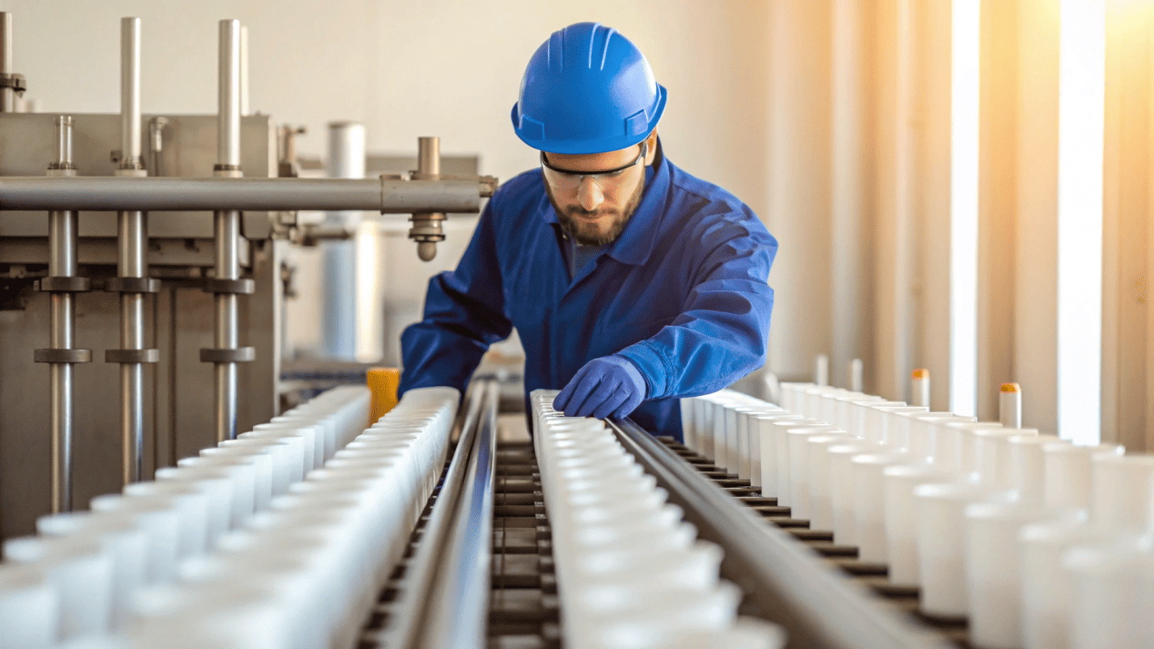 A factory worker adjusting a high-speed paper cup manufacturing machine.