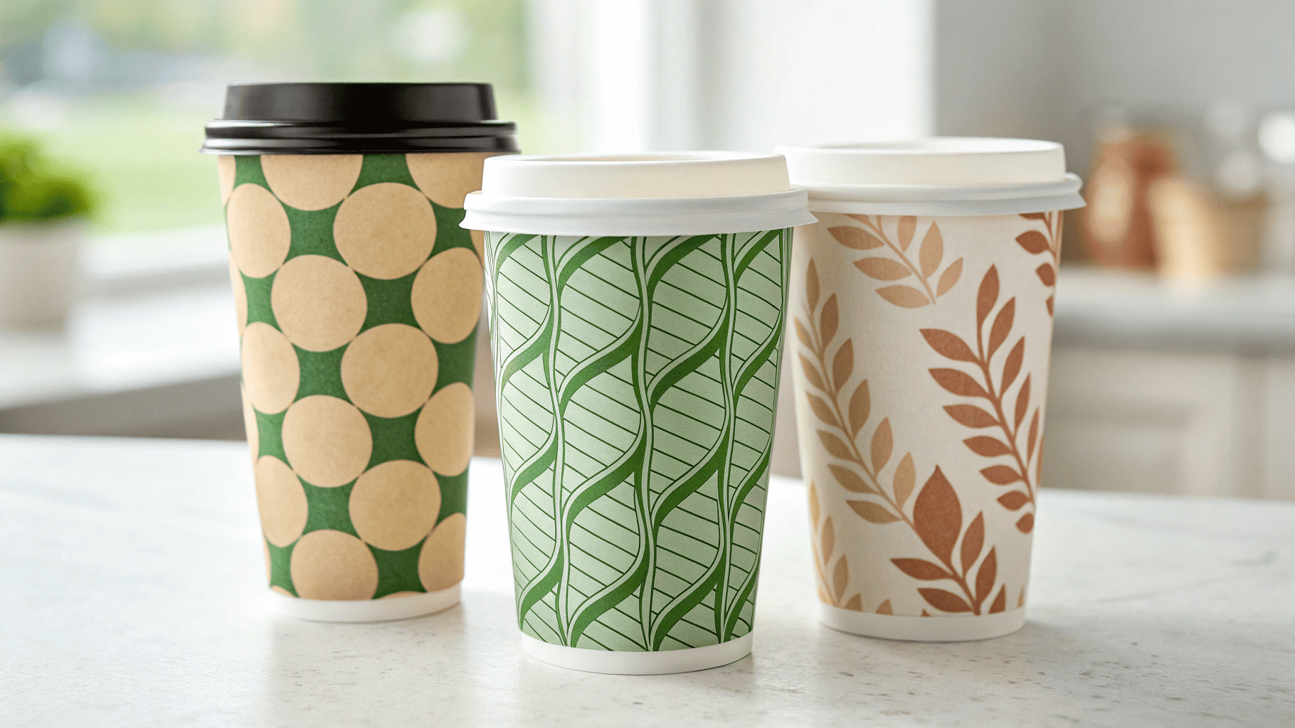 Different paper cups showing one-color, two-color, and full-color designs.