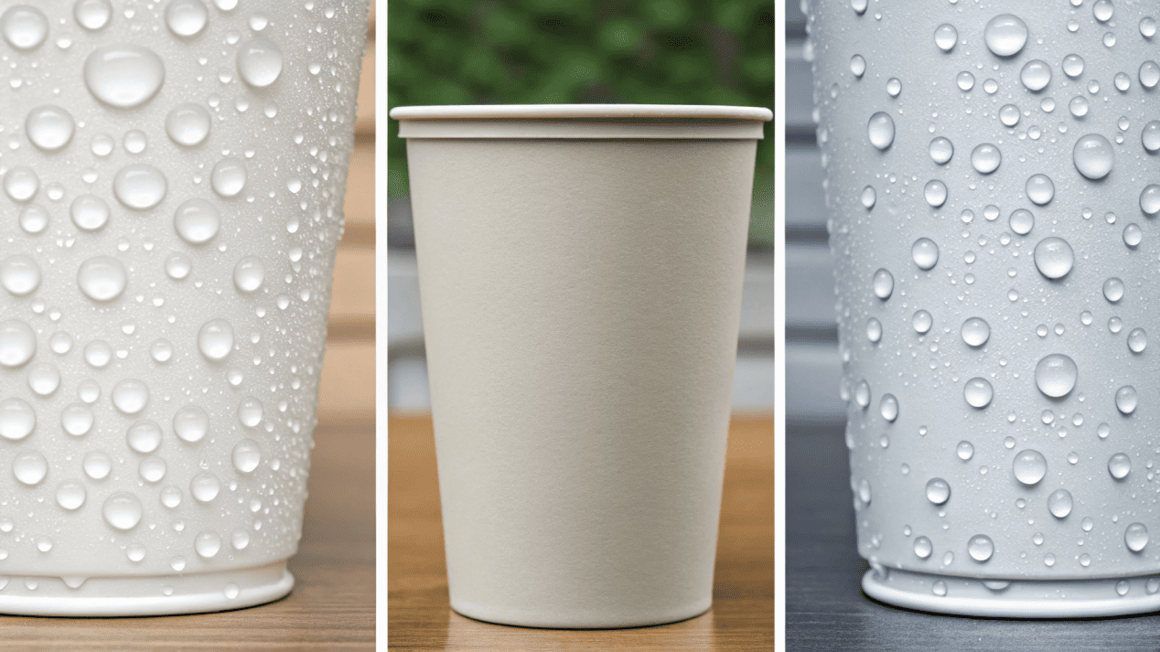 A close-up view of different paper cup coating types like PE, PLA, and Aqueous.