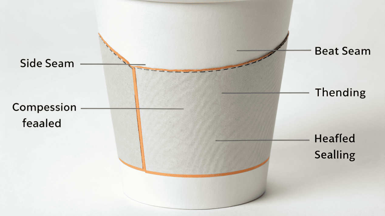 A diagram showing how a paper cup's side and bottom seams are sealed.