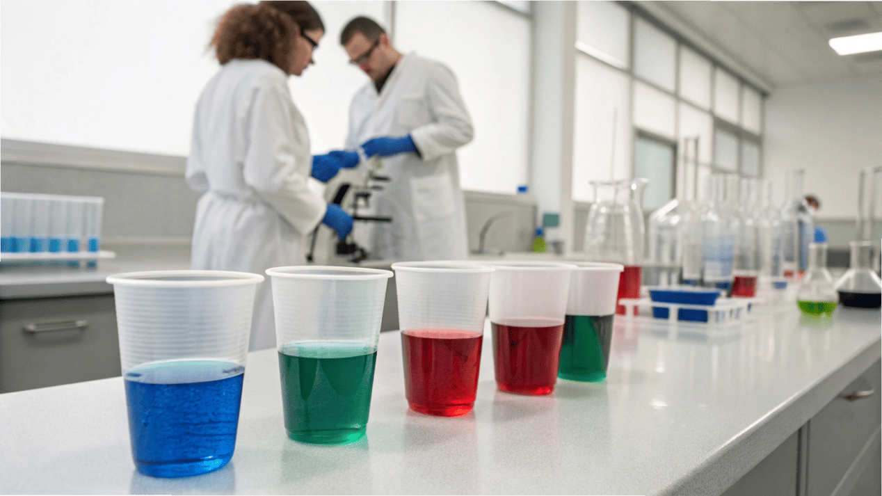 A quality control lab with paper cups being soak-tested in colored liquid.