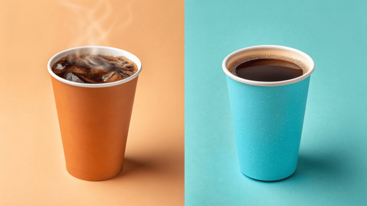 A split image showing a steaming hot coffee cup and a cup with icy cold soda and condensation.