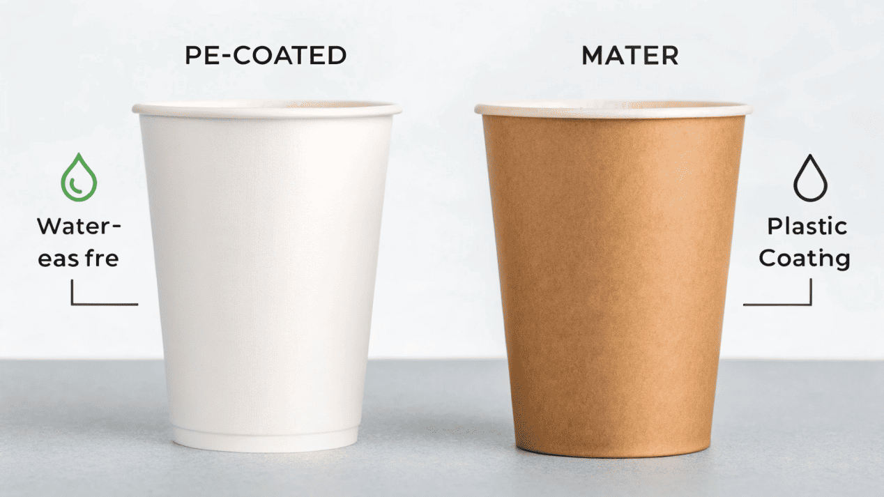 A diagram showing a standard PE-lined cup vs. a water-based coated plastic-free cup.