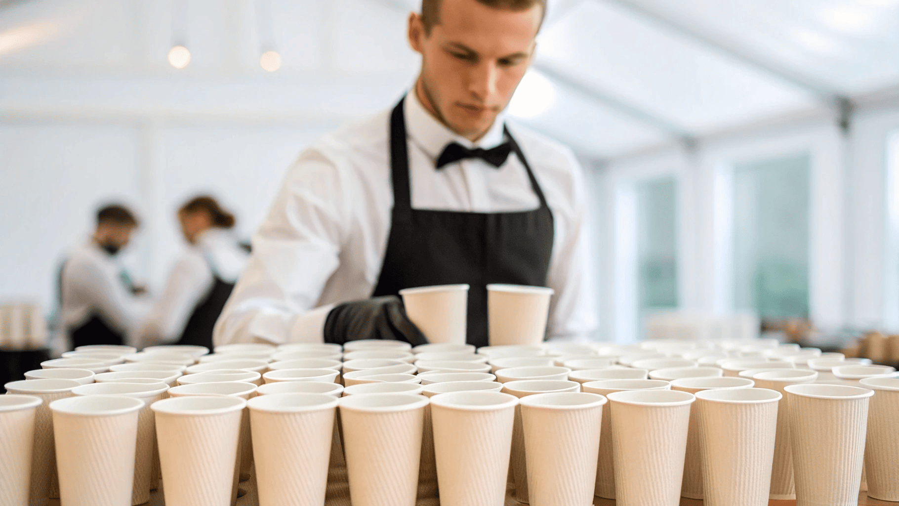 Strategic Paper Cup Procurement for Catering A professional caterer organizing stacks of high-quality paper cups for an event.