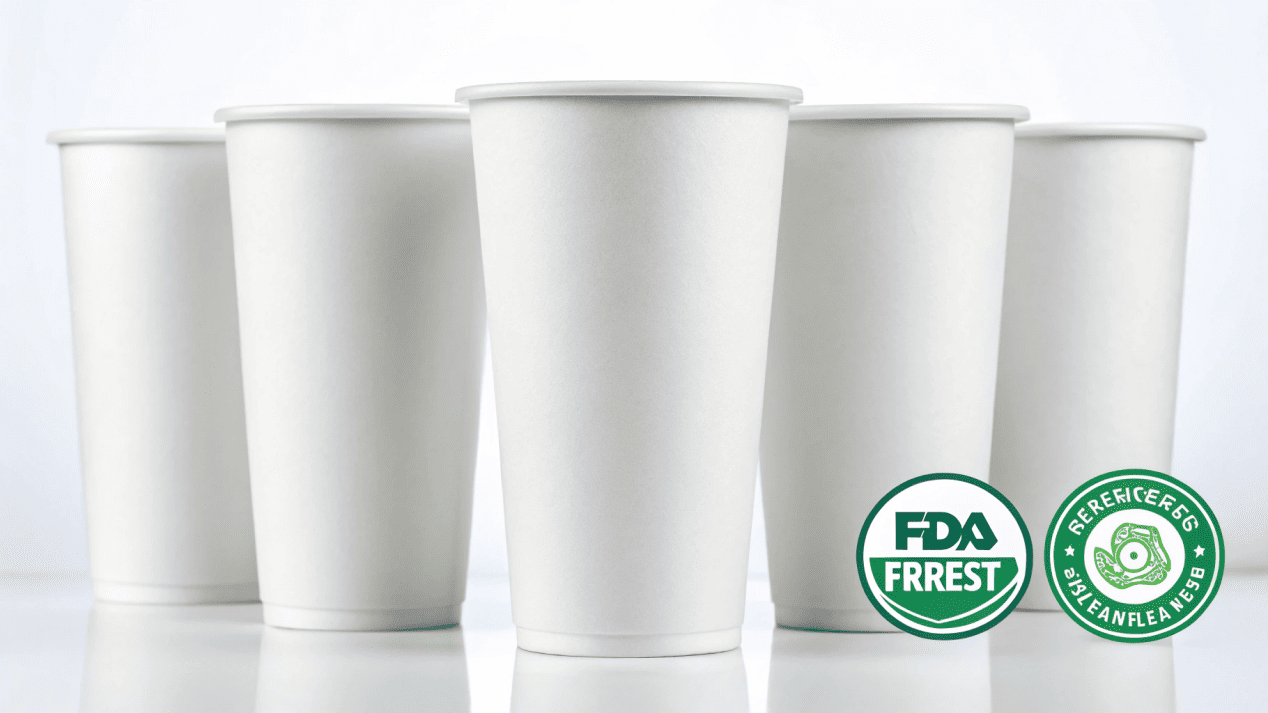 The Blueprint for a Perfect Paper Cup A collection of high-quality paper cups with certification logos like FDA and FSC displayed nearby.