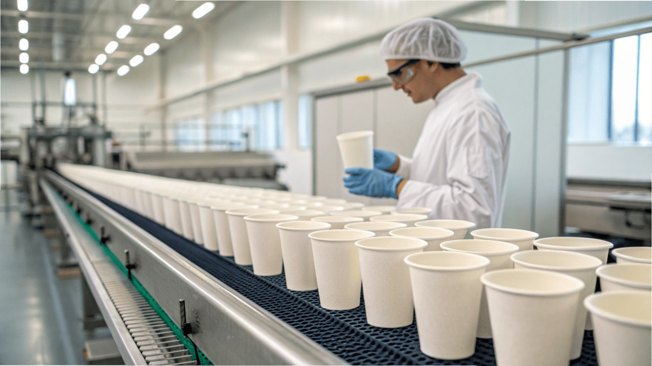 Supplier Evaluation and Quality Control A quality control inspector examining paper cups on a production line.