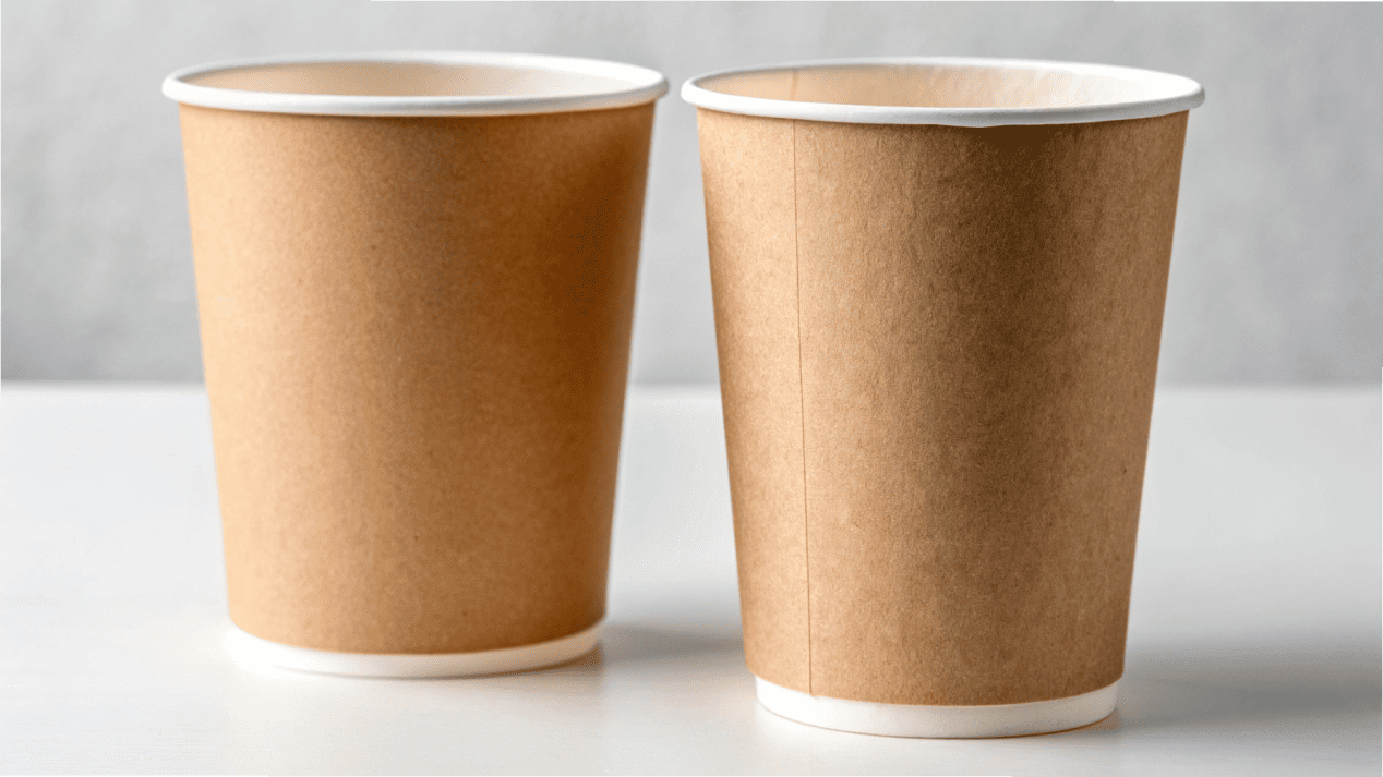 PE vs. PLA Paper Cup Linings A side-by-side comparison of a PE-lined cup and a PLA-lined cup.