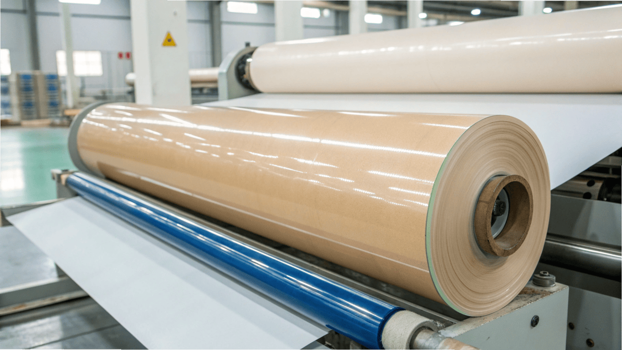 The Science of Paper Cup Coating A diagram showing a roll of paperboard being laminated with a thin layer of waterproof coating.