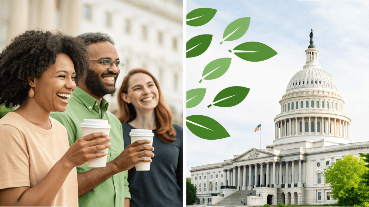 A collage of images showing happy customers, government buildings, and brand logos with green leaves.