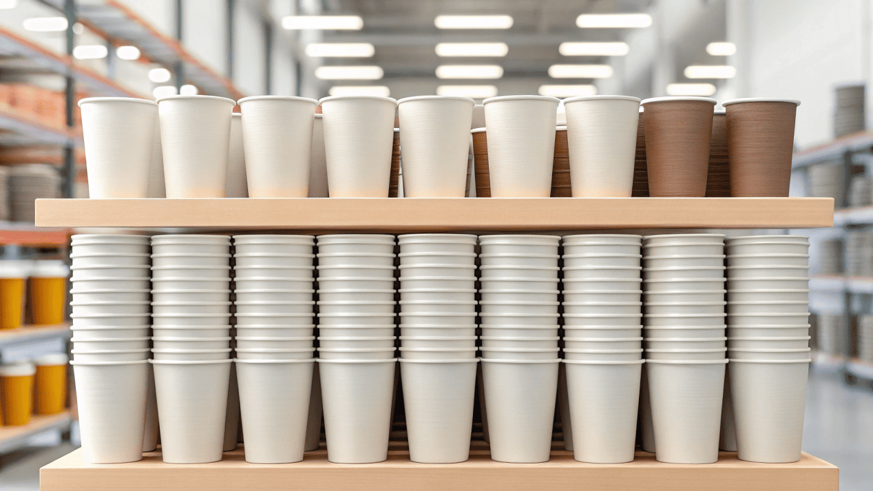 Inventory Planning for Catering Cups A storage shelf neatly organized with different sizes of paper cups for various events.