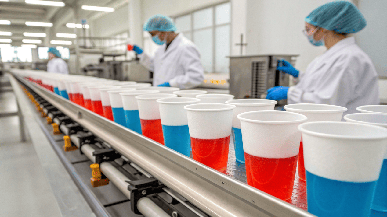 Rigorous Durability Testing of Paper Cups A quality control station showing paper cups being filled with colored water for a leakage test.