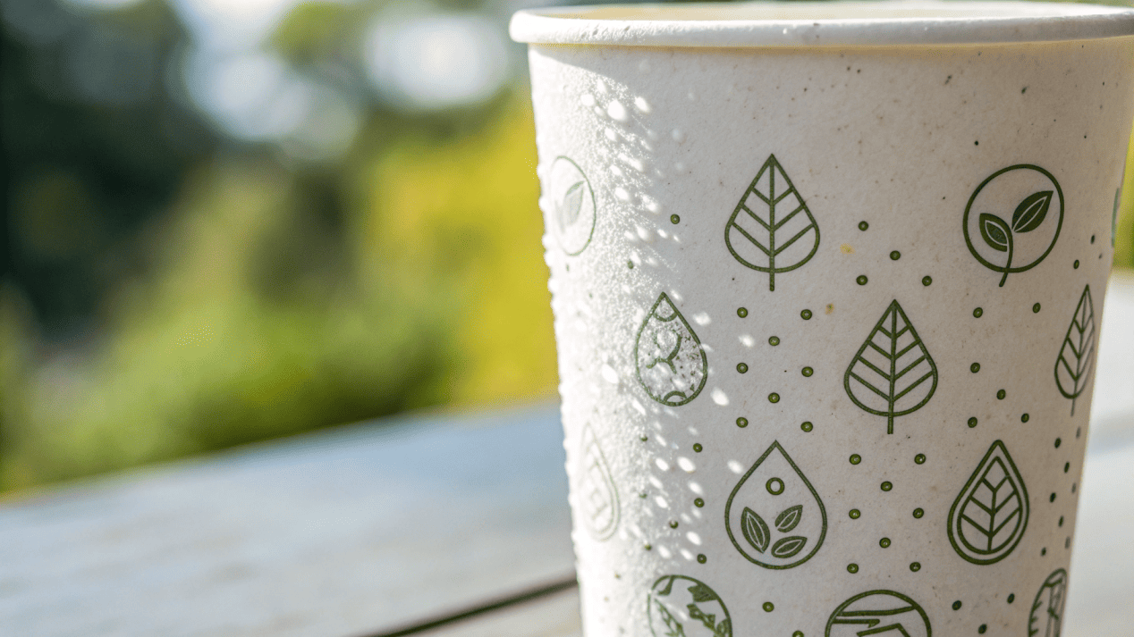 A close-up of a paper cup showing certified logos like FSC, BPI, and Flustix.