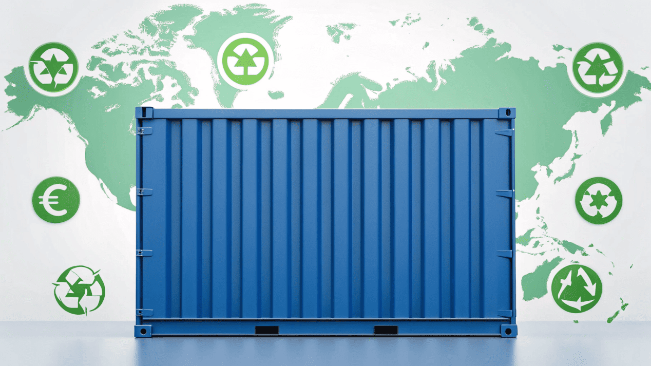 A shipping container and a map of the world with various regulatory symbols over different countries.