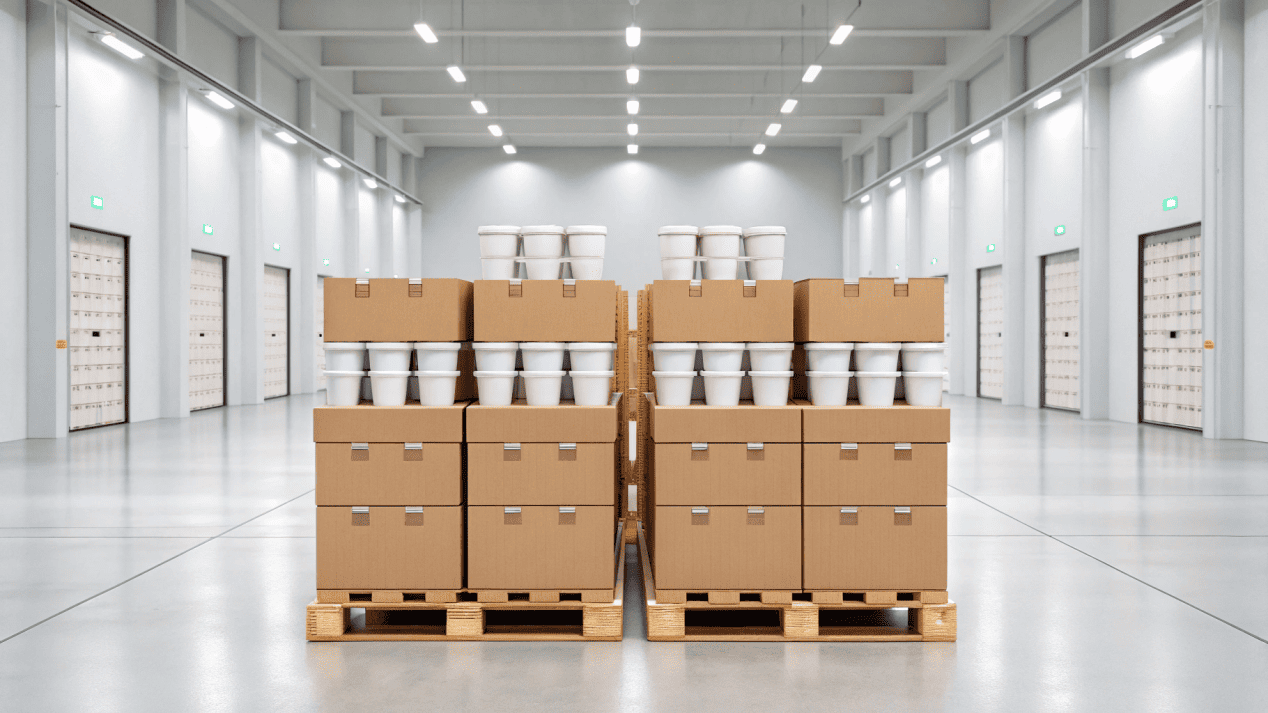 Proper Storage of Paper Cups Boxes of paper cups stored neatly on pallets in a clean, dry warehouse.