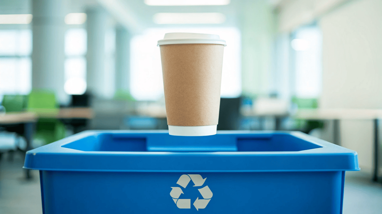 Recyclable Water-Based Coated Cup A cup with a water-based coating going into a standard paper recycling bin.