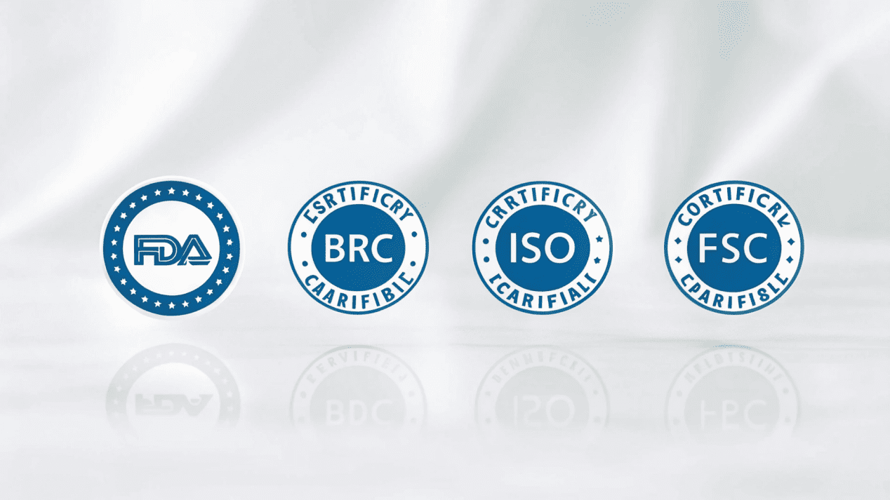 Essential Certification Requirements for Paper Cups A display of official certification logos like FDA, BRC, ISO 9001, and FSC.