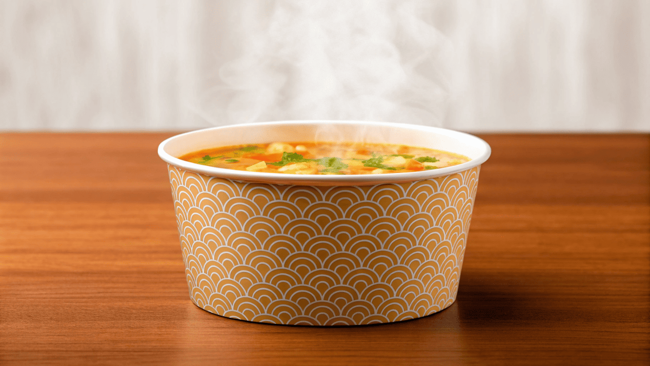 A perfectly presented bowl of soup in a custom-branded paper bowl.