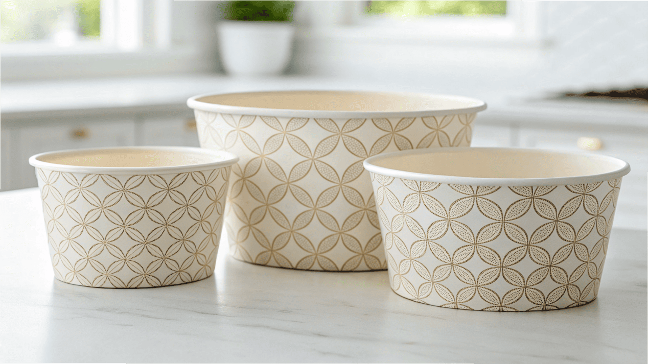 A lineup of three different sized paper soup bowls with custom branding.