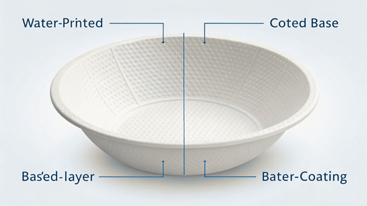 A diagram showing the layers of a water-based coated paper bowl.