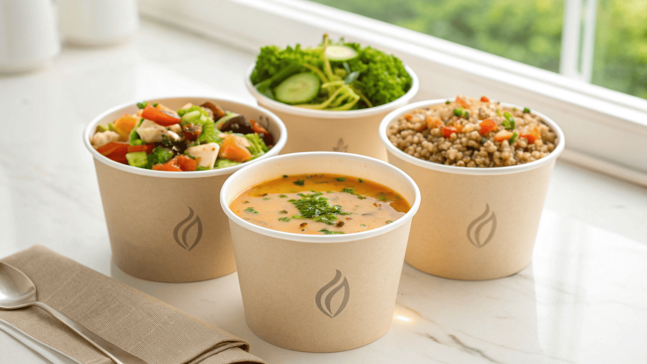 One style of branded paper bowl used for soup, salad, and oatmeal.