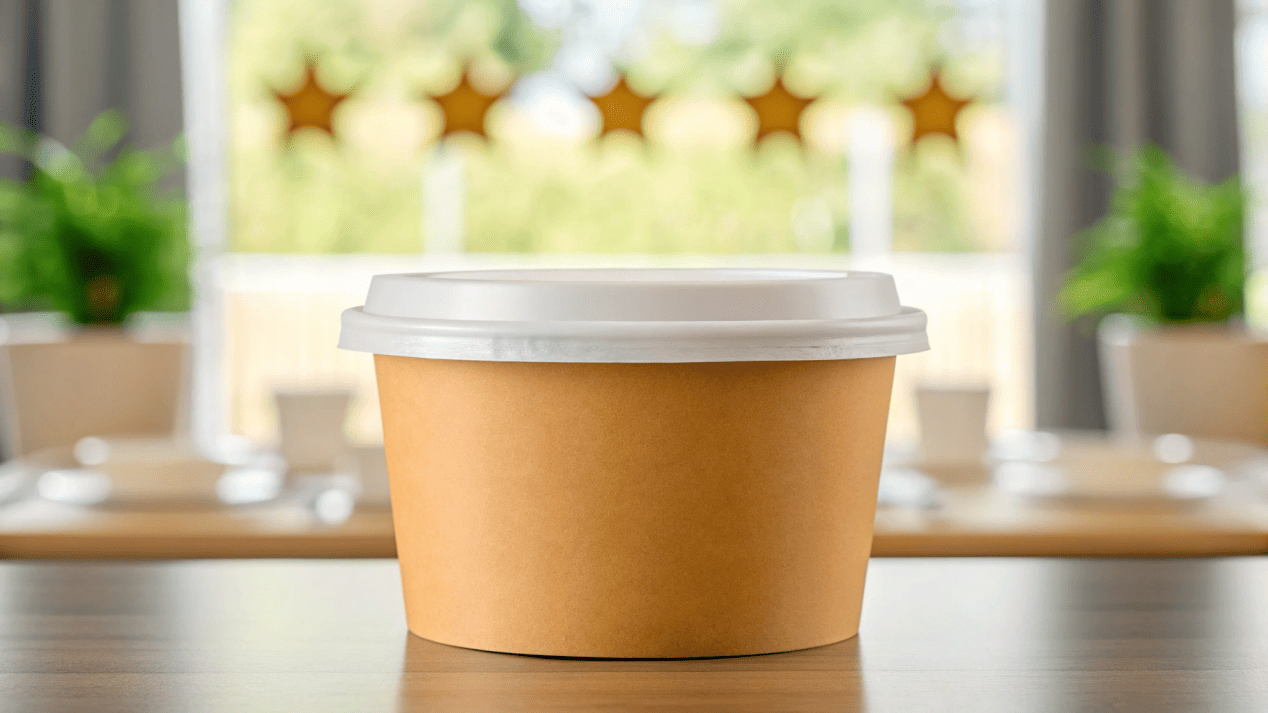 A customer leaving a positive online review with a photo of a well-packaged soup.
